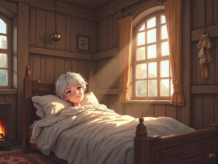 Prince waking up short white hair in a realistic medieval anime style cabin 