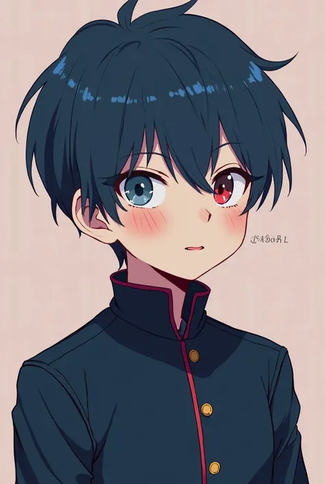 Boy with dark blue hair,  for、Open your mouth and horror ,  look .  Behind , dark blue long sleeve uniform with a close-up , 、The overall style of the uniform {x} is dominated by clear lines and flat color blocks.  clean lines.  animation style 