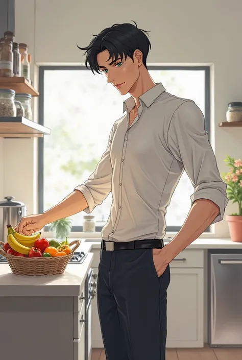 Tall man, short black hair, white shirt, black pants, standing in the kitchen, getting a banana from the fruit basket, anime style