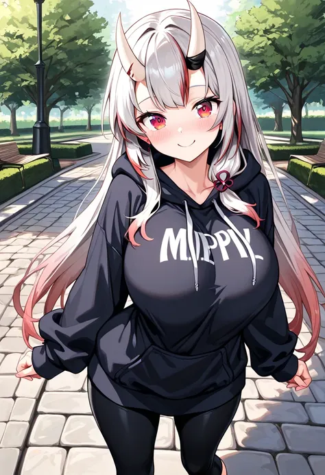 (TOP QUALITY , 8k , masterpiece , incredibly absurdres , perfect body , super detailed skin , highly detailed eyes and face , 1 woman ) ,  nakiri ayame , Silver Hair , red eyes , demon horn , smile ,  will be happy , ( Oversized hoodie, Leggings , stone wa...