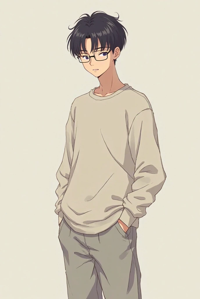 A 17-year-old looking boy with 1,72 tall, thin, with straight hair, Who wears glasses and wears sweatshirts and sweatpants, anime style