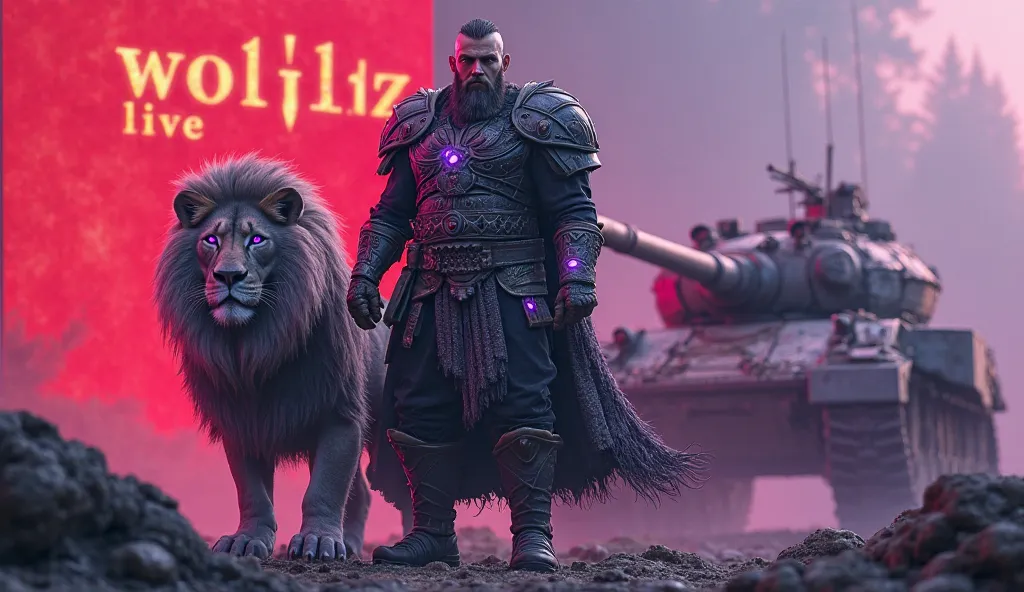 Create a 3D image of a Viking Warrior with Purple Eyes,And on the side a lion with eyes glowing purple, And a war tank behind them and a red name in the background "WOTBlitz LIVE"