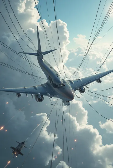 A plane or helicopter is almost hit by electrical wires 
