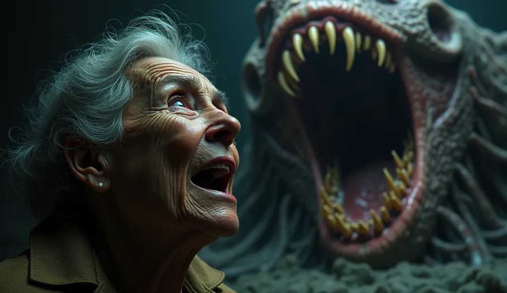 A hyper-realistic and cinematic close-up of an elderly woman’s face, her eyes wide open in sheer terror, her mouth slightly agape as if about to scream. The wrinkles on her face are accentuated by the extreme expression of fear, and her gray hair is slight...