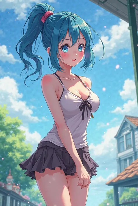 Version anime, une fille sexy en mini jupe qui rougi, cheveux bleu, yeux bleus, queue de cheval, hot, très sexy, dessin style Ghibli 