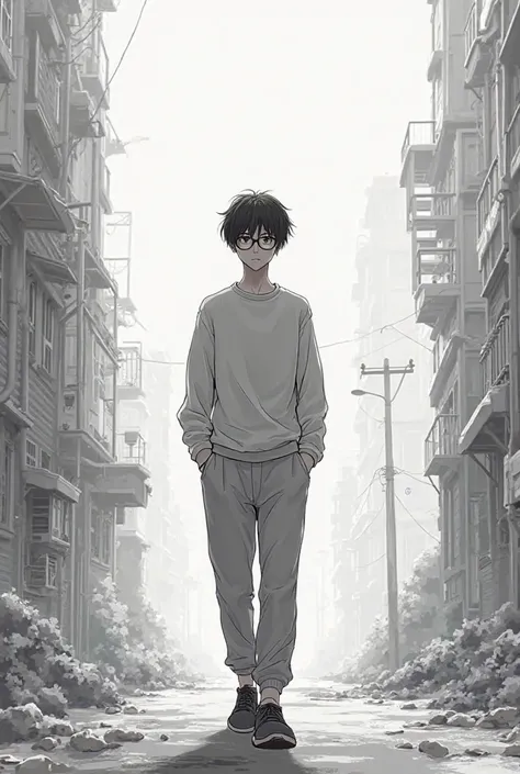 A 17-year-old looking boy with 1,72 tall, thin, with straight hair, that wears glasses and wears a sweatshirt and sweatpants, Colourless manga