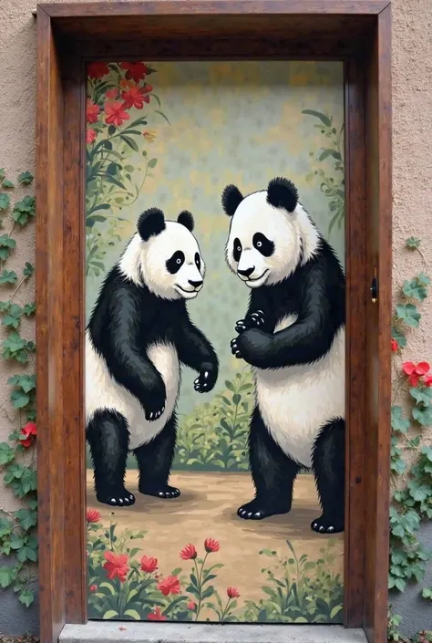 Create an image of pandas playing on a playground at the panda sushi restaurant with two female recreational players playing with them and this image must have the following measurements two and ten meters high by ninety centimeters wide which is to be pla...