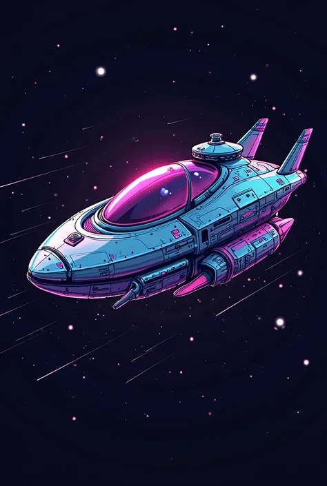 "Create a 2D illustration of a psychedelic and futuristic alien ship, with organic design and complex details. The ship must have curved and asymmetric shapes, with vibrant colors in shades of blue,  purple and neon pink , and details in black or white to ...