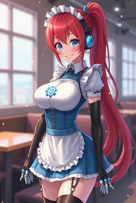 A maid cafe, a sexy anime female robot, scantily clad with gray white robot skin, curvy, robot shoulders, big blue eyes, medium breasts, ((pink cheek dots 1.3)), maid headdress, big smile, long red hair with a single side ponytail, light blush, wearing a s...