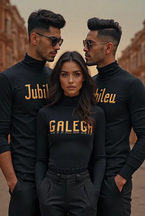 Let's characters couple with a black turtleneck shirt with a name Jubileu on the two men GALEGA on the woman in capital letters