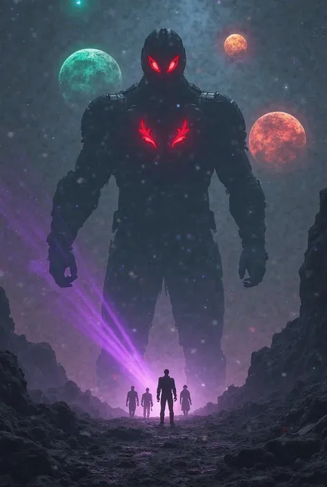 Make an image that is located in outer space,  you should clearly see a type of power ranger.

 Behind it , the gigantic silhouette of an imposing being envelops the sky with its shadow, with crimson eyes shining in the dark. His presence is suffocating, l...