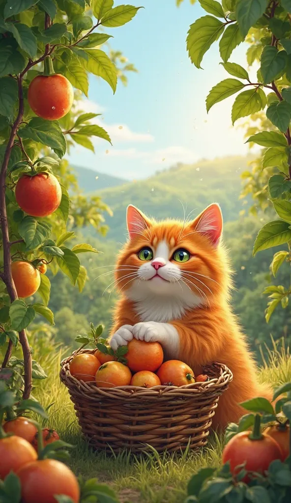 Legal! Aqui está um prompt para você usar:

“A fluffy orange cat with white patches is harvesting passion fruits in its countryside farm. The cat carefully picks ripe passion fruits from the lush green vines, placing them gently into a rustic wicker basket...