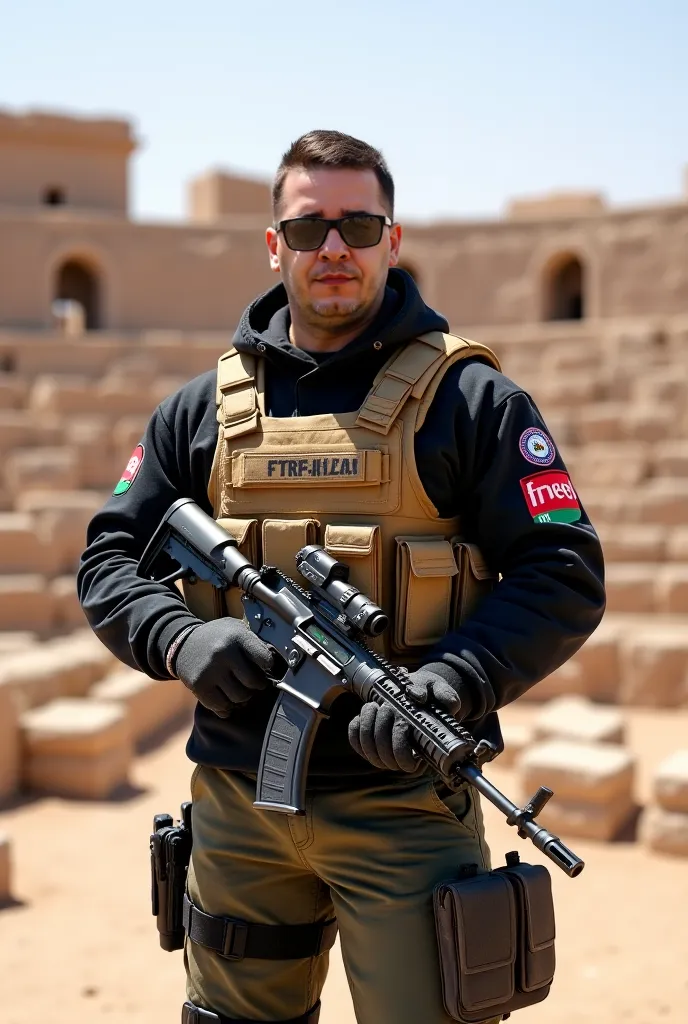 *Prompt

A tactical security man stands confidently in front of the ancient Roman amphitheater of Bosra al-Sham. He wears a black jacket under a brown tactical vest, with patches on the sleeves. He has a scraggly beard, sunglasses, and a serious expression...