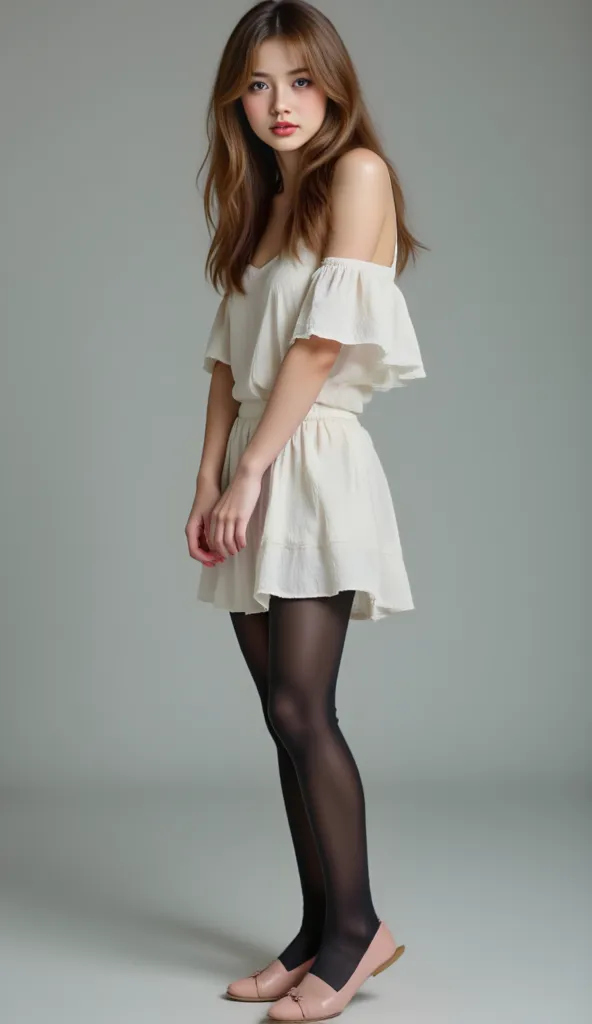  21 year old slim girl , with light summer dress,  black pantyhose,  pink ballerina shoes , light brown hair,  full body photo, Bangs, tight butt ,  Medium Hair,  Breathing hard, red lips, realism, 