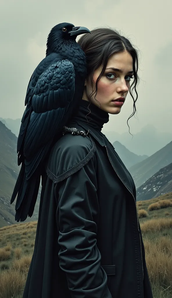 A black crow landed on the woman's shoulder. detailed and distinct background. oilpaint.