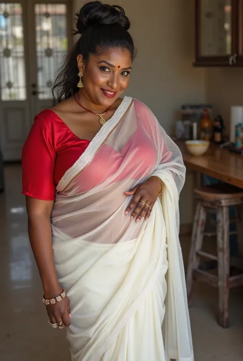  40-year-old married Indian woman looking at the viewer, wearing a long white transparent silk sari made of shiny polyester,  and a red silk blouse  , big fat ass,wide hips,big thighs, Big Chest Picked Up, voluptuous body,Fat and wide ass ,messy bun, lipst...