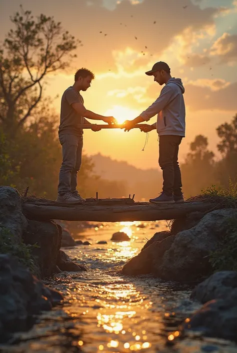 Two friends building together a wooden bridge over a troubled river. Each one holds a board and nails carefully, symbolizing that true friendship is built with concrete actions. In the background, The sky opens at a sunrise, representing hope and continuit...