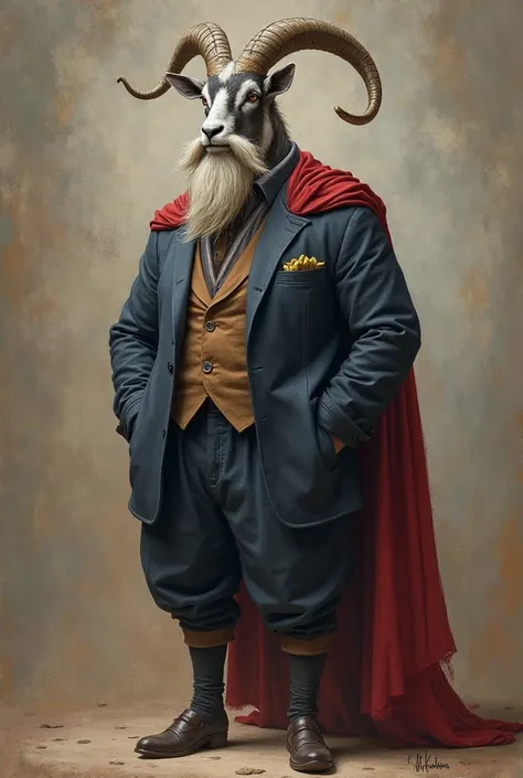 standing goat, with a big beard and well dressed for an event, Suit,  long pants ,  high resolution ,  impressionism,  Masterpiece, Best quality socks, short hair and blue eyes , Spartan and gray beard and full body,  long pants , Current