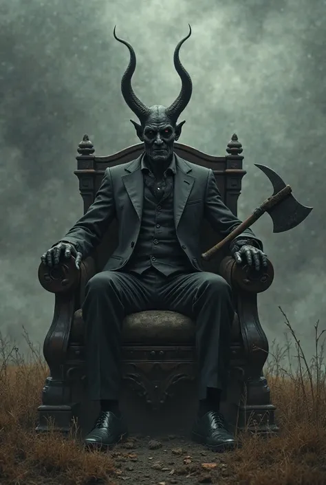 Devil in suit, sitting on the chair holding an axe in hand, There is just dry grass under the chair over the ground and there is just clouds in the background 