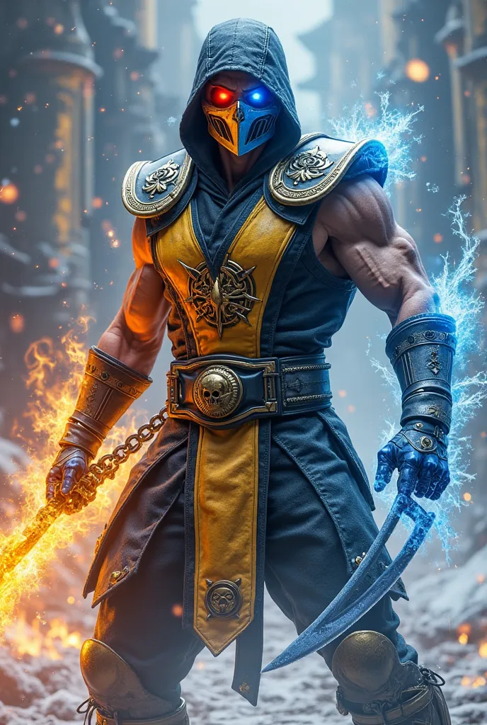 A fearsome hybrid warrior, seamlessly blending the lethal prowess of both Scorpion and Sub-Zero from Mortal Kombat. His armor is an intricate fusion of Scorpion’s signature yellow and black with the deep, icy blues of Sub-Zero, forming a striking contrast ...