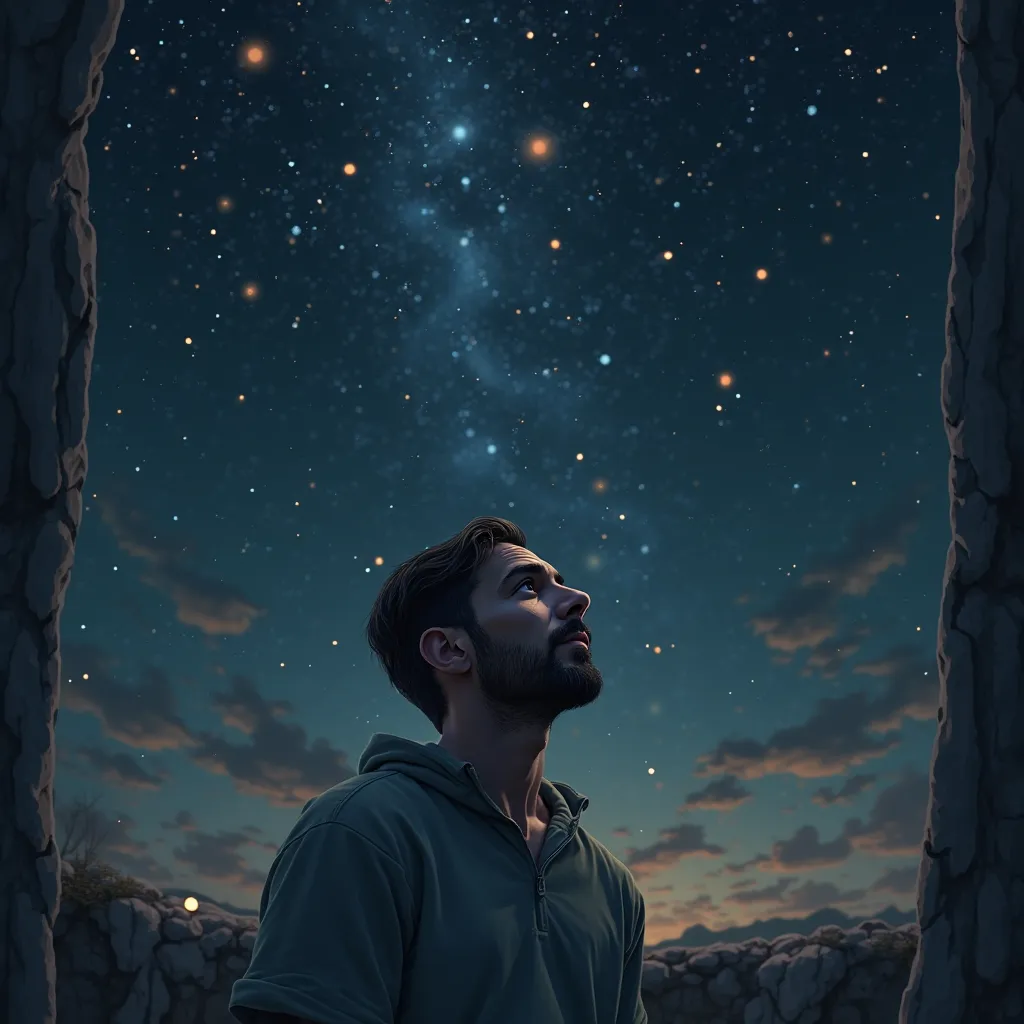 man in his bedroom looking to the stars in the sky. his room has no roof.