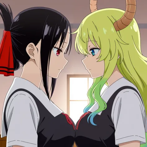 masterpiece, best quality, amazing quality, Anime Screencap. BREAK. 2girls, 
lucoa (miss kobayashi's dragon maid), kaguya shinomiya (kaguya-sama: love is war), 
blonde hair, green hair, large breasts, hair ornament, school uniform, 
facing each other, inte...