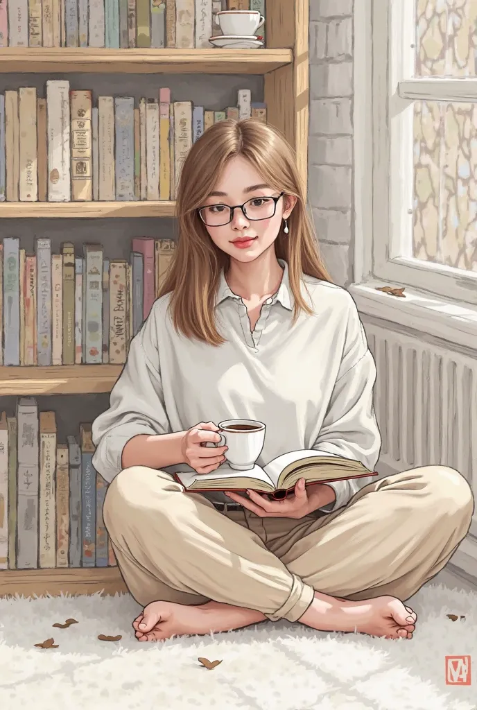 Create a drawing of a white woman with a rounded face and glasses, straight haired, glasses sitting on the floor near bookshelves in a comfortable way, with a book in my hand reading and a cup of coffee in the other hand. all in light and neutral tones