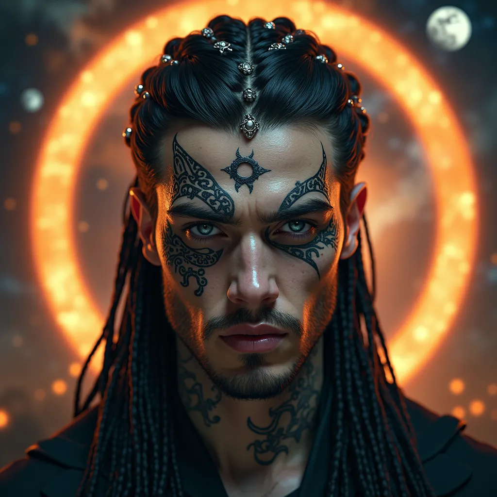 Masterpiece, best quality, highresolution. A portrait of a man with braided pitch black hair, decorated occasionally with silver balls and other trinkets. Some of the braids have raven feathers. He has fair skin skin. He has pitch black eyes. His jaw is sq...