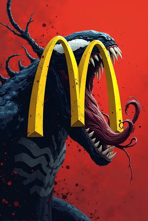 Create Venom eating the MC Donalds symbol on a red background 