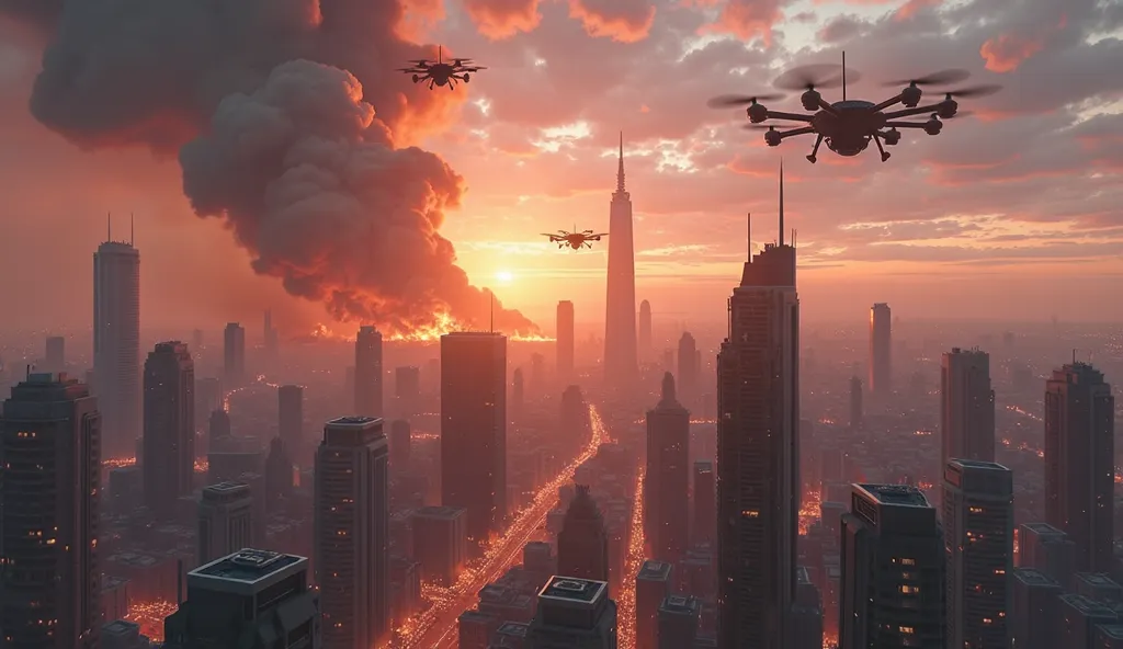 A futuristic cityscape at dusk, suddenly overlaid with apocalyptic destruction—futuristic buildings collapsing, fires raging, and AI-controlled drones hovering ominously. The image should be both beautiful and terrifying, showcasing the fragility of an adv...