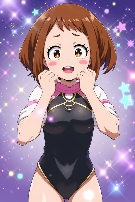 (masterpiece), best quality, expressive brown eyes, perfect face, glitter, shimmer, girl with short brown bobcut hair, magic, holographic, cute, gold_trimmed Black latex leotard, ((uraraka ochako)), ((bangs)), blushing cheeks, ((hmochako)), ((blush)), ((bi...