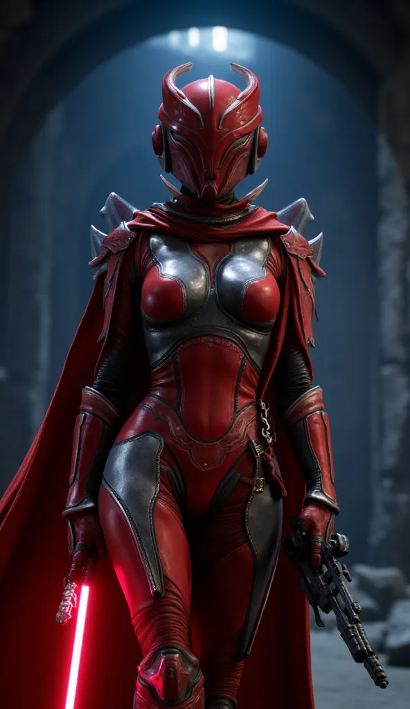 8K, super detailed, ultra resolution, full shot, beautifull woman, perfect breasts, perfect body, perfect legs, mandalorian warrior red and silver full armor and helmet. weapon shotgun laser. Corellia underground night background, fantasy star wars, cinema...