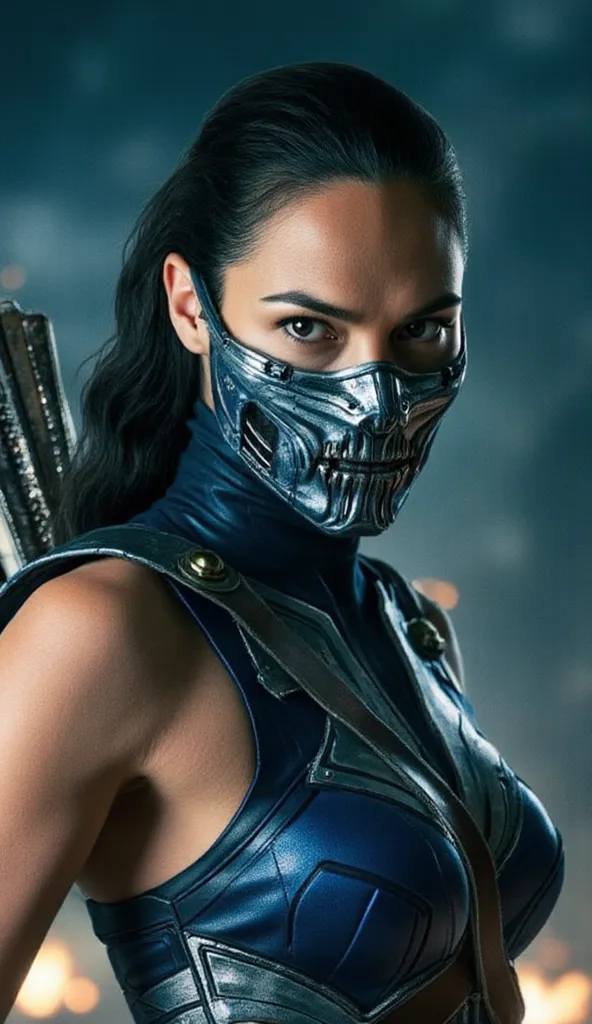 Here's a prompt adjusted to focus on Gal Gadot's upper body as Kitana, with a shiny metal mask and details blue, on a realistic background:

"Hyper-realistic close-up of the top of Gal Gadot's body as Kitana, the warrior of * mortal kombat*. She is in a co...