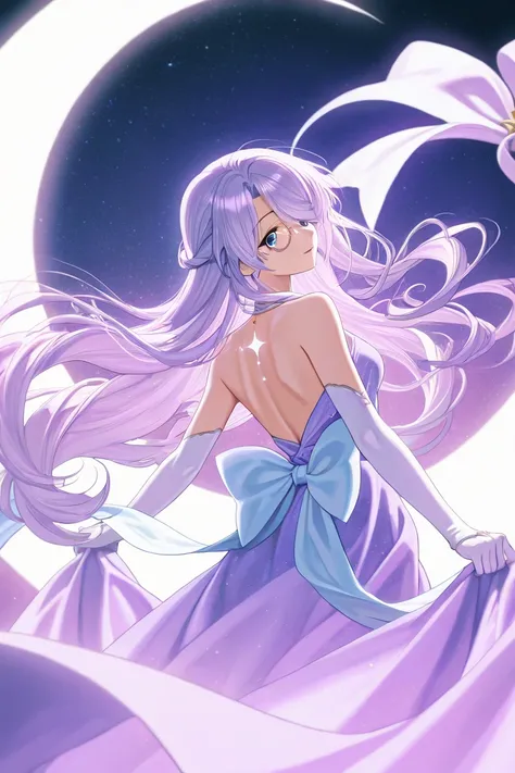 An anime girl with long, flowing hair that transitions from silver to purple, cascading down her back. Her large, sparkling blue eyes radiate innocence and wonder. She wears a monocle with a starry reflection over one eye, and a crescent moon accessory ado...