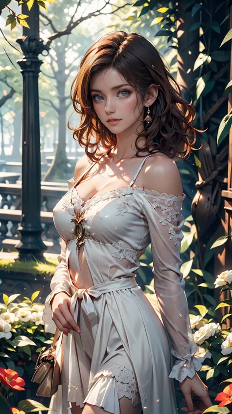 Cute woman in the drizzle, (elegant,  beautiful face), Transparent white dress, Forest Moss, ( freckles:0.8), Flower Field, , Curly Red Hair,  Magical Atmosphere , ( short hair), ((detailed skin, skin texture)), Super Detail, (Exquisite details, Fine detai...