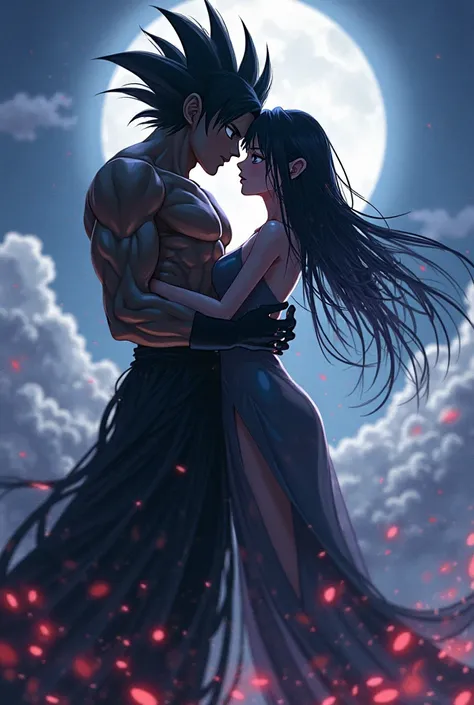 Goku Black and a slender woman with black hair, Pixie-style, in love and watching from the sky 