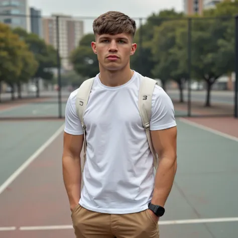 Portrait photo american man with big muscles tight chest ,  muscle bundle,  white backpacks, short navy hair, standing in the middle of the bass court, wearing a white T-shirt with short sleeves, a man's shirt, brown shorts, a Thai man's school dress. ,Whi...