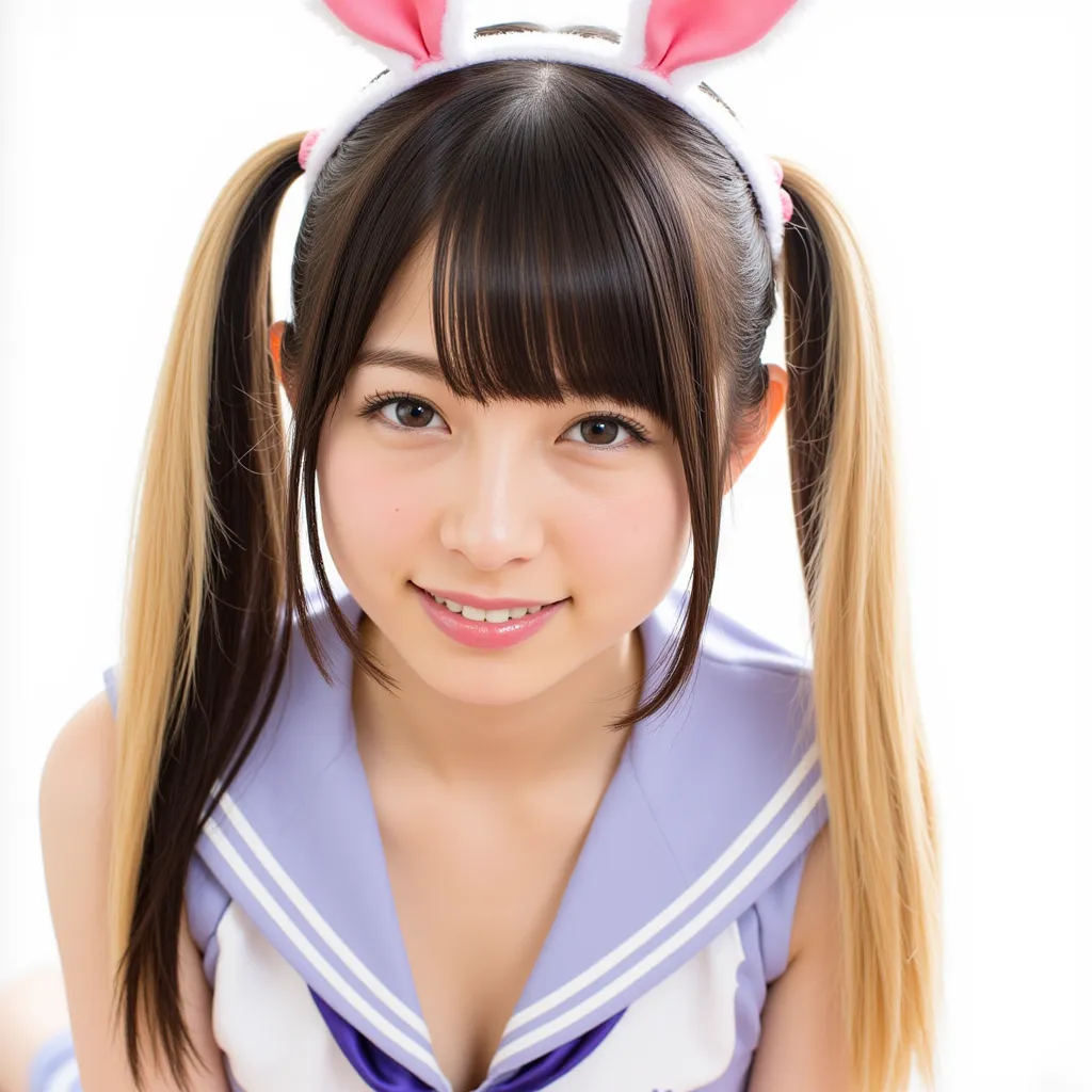  long hair, with blond and black two-tone bangs、Longer long hair、 light background、 sailor suit、rabbit ear headband、twin tails