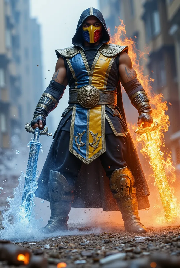 A fearsome hybrid warrior, seamlessly blending the lethal prowess of both Scorpion and Sub-Zero from Mortal Kombat. His armor is an intricate fusion of Scorpion’s signature yellow and black with the deep, icy blues of Sub-Zero, forming a striking contrast ...