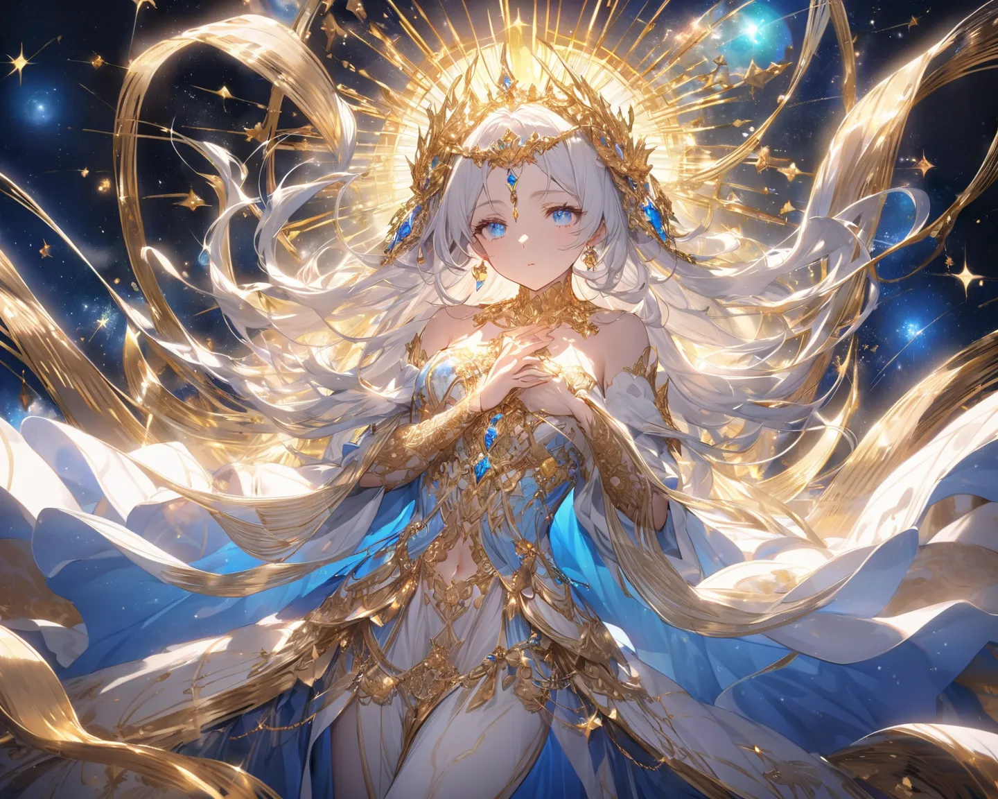 A woman looking at the Earth, Name:Lilith Appearance: An adult woman of ethereal beauty, with long silver hair that floats lightly,  reflecting starlight . Her eyes shine in shades of cosmic blue,  transmitting wisdom and mystery .
It lasts: She wears a wh...