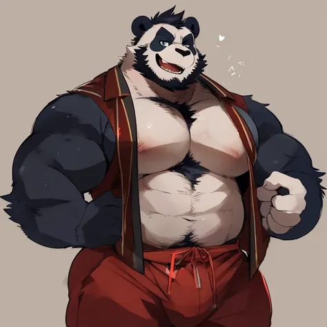 panda, furry, handsome, very muscular, very big, extremely hot and sexy, beard, hair, chest hair, charming eyes, solo, male, happy expression, daddy, full body, big body, clothes, middle aged, by hyaku, by darkgem, by glitter trap boy