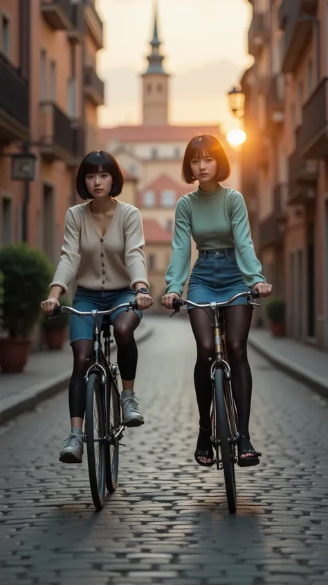  full body image、 2 women、they are riding bicycles on a cobblestone road where no one else is there、They have a sad expression、They have short hair 、With black hair、{blue|green}Knit shirt 、miniskirt、pantyhose with a clear view of the 8K panorama、wearing hi...