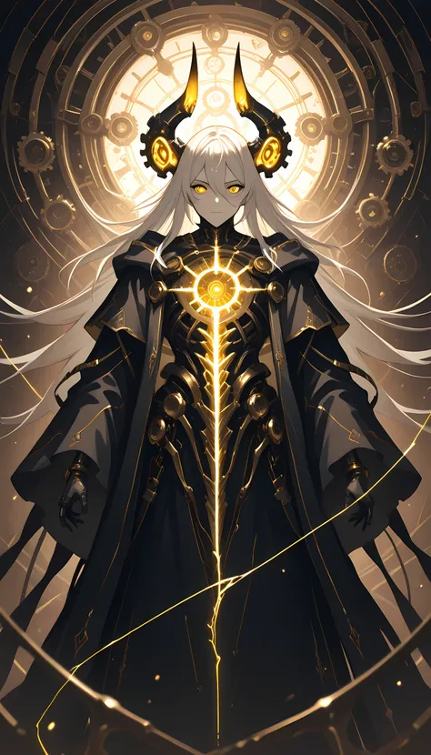 1boy, malevolent archmage, broken glowing horns, vibrant yellow eyes, white windswept hair, dark flowing robe with gold filigree, extreme close-up, focus on intense eyes and crackling energy, shadowed background with electric currents, anime illustration, ...
