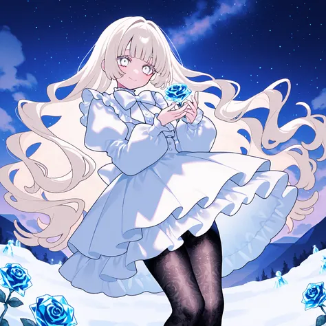 (Tsubaki Tsubaru:1.0),(Yumenouchi :0.1),( Kamikura Eku :0.1), 1girl , colorful, ice flower, ice rose, ice, frozen, Alone, long hair, wavy hair, holding, lolita, white lolita, lace tights, white eyes, holding ice rose, melty, long sleeves, snow, smile, legs...