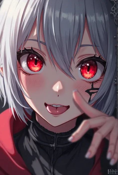 profile、Hands Are Wall Anime Girl, tongue out, scar on eye, bright red eyes and white hair,  real、 imaginary、 short hair、 （ put your hand on the wall、I'm getting up close to that face and directing my sharp gaze at me）