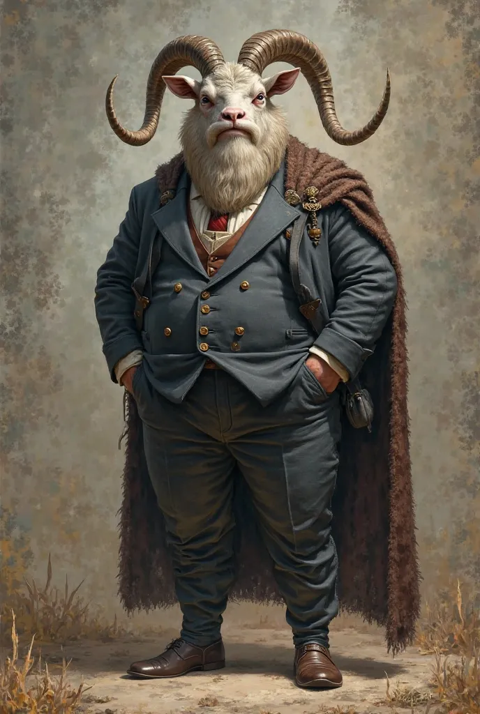 standing goat, with a big beard and well dressed for an event, Suit,  long pants ,  high resolution ,  impressionism,  Masterpiece, Best quality socks, short hair and blue eyes , full body Spartan and gray beard,  long pants , Current and by Clara, fatty