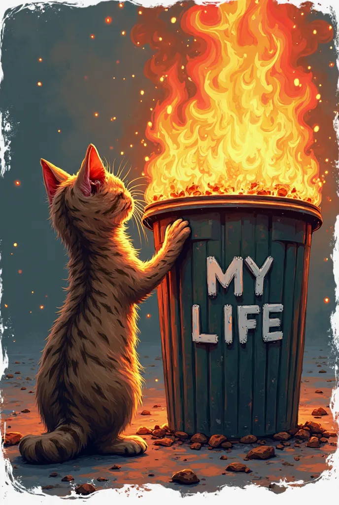 A cat standing in front of a burning trash can. The trash can has the inscription "MY LIFE" on it, which adds a sarcastic overtone to the image.
The cat is looking at the flames as if watching his own life burn uncontrollably. It is a memorable visual styl...