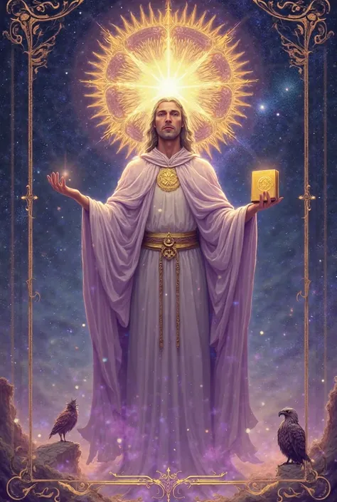 Make a tarot card.

Visual Description of the Card - The Sacred

Central Character: In the center of the letter, we see a majestic and ethereal being, wrapped in a cloak of lilac and golden light. His countenance is serene and radiant, with deep eyes that ...