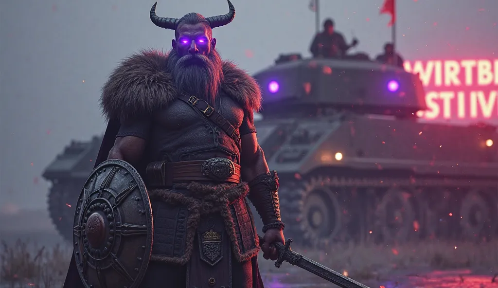 Create a realistic image of a Viking warrior with his eyes glowing with purple, And a shield in the left hand and with a sword in the right hand, And a lion with eyes shining with the color purple, and a war tank in the background with a red name in the ba...