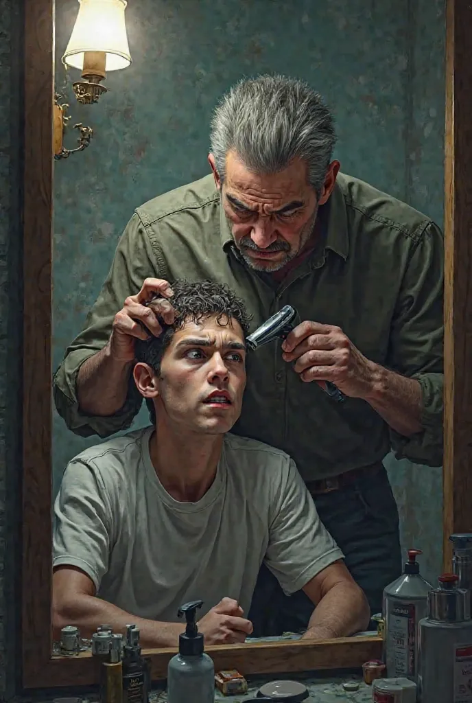 Generate an image of an angry father shaving his 18 years old son's head